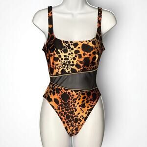 Vintage LA BLANCA One Piece Leopard Swimsuit Size 6 French Cut Sexy Middle Mesh